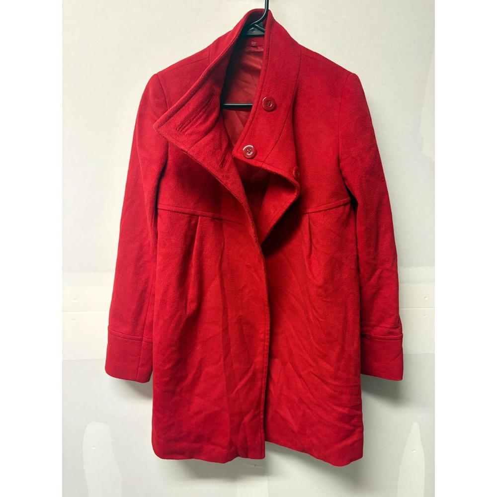 Red Funnel Neck Wool Blend Coat Mid Length Asymmetrical Button RN115307 Size S